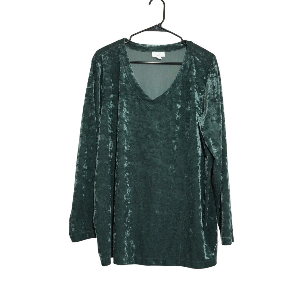 J Jill Women 2X Green Crushed Velvet V-Neck Long Sleeve Gathered Back Top Blouse
